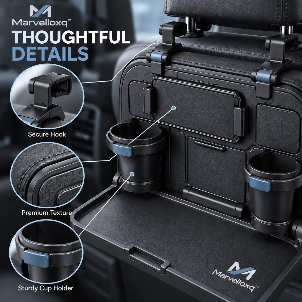 Marvelloxq™ Foldable Car Seat Back Tray | Headrest-Mounted Travel Table with Dual Cup Holders & Device Holder