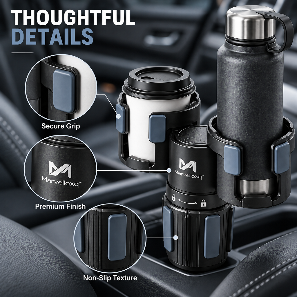 Marvelloxq™ Adjustable Dual Car Cup Holder | Expandable Vehicle Drink Organizer for Bottles, Tumblers & Coffee Cups