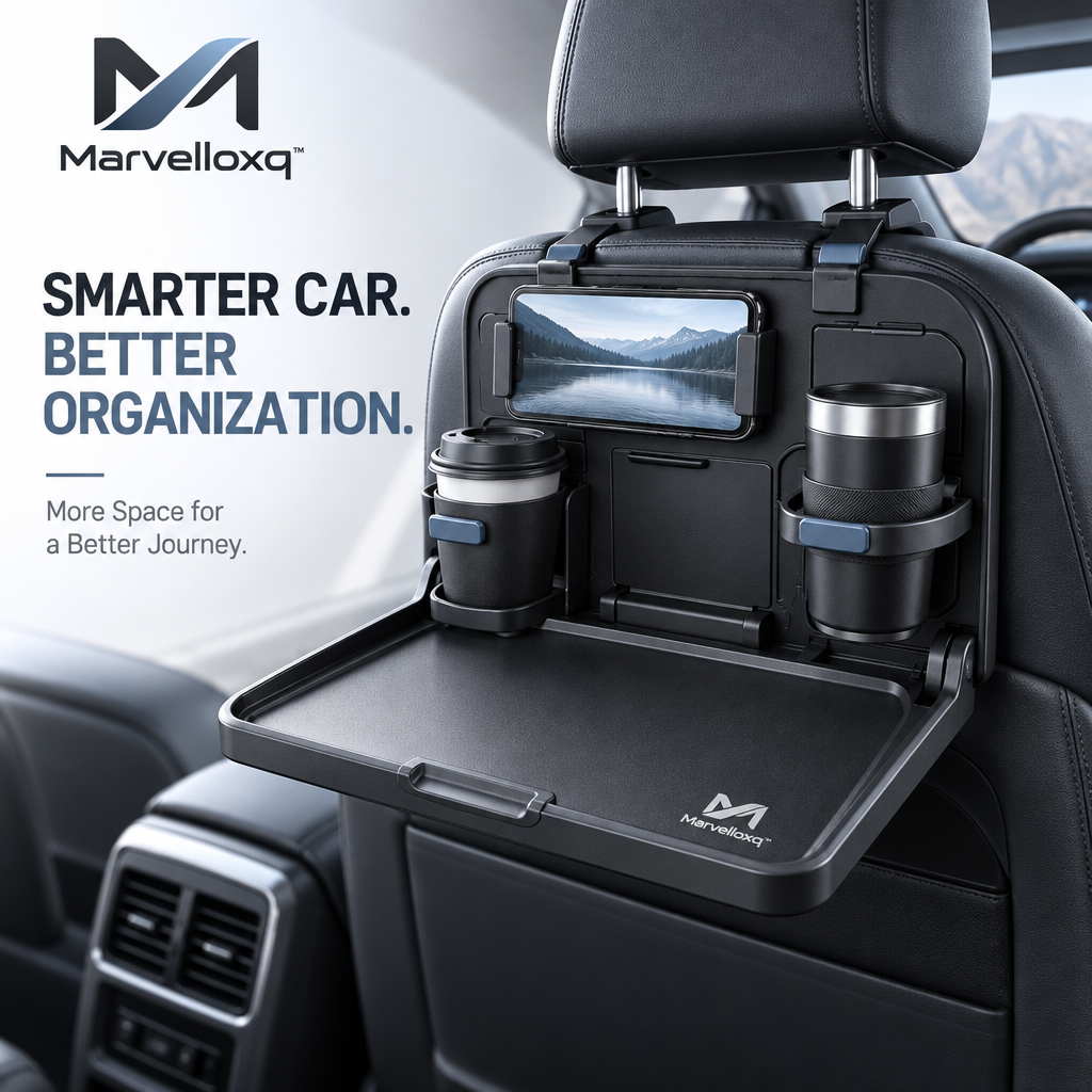 Marvelloxq™ Foldable Car Seat Back Tray | Headrest-Mounted Travel Table with Dual Cup Holders & Device Holder