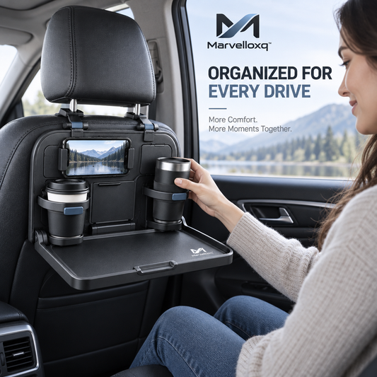 Marvelloxq™ Foldable Car Seat Back Tray | Headrest-Mounted Travel Table with Dual Cup Holders & Device Holder