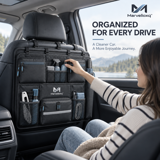 Marvelloxq™ Full-Width Car Backseat Organizer | Multi-Pocket Seat Protector with Mesh Storage & Adjustable Headrest Straps