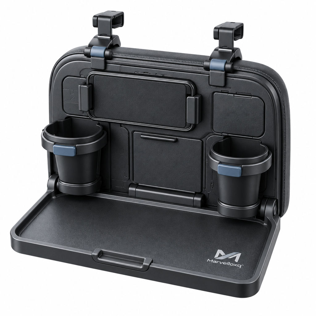 Marvelloxq™ Foldable Car Seat Back Tray | Headrest-Mounted Travel Table with Dual Cup Holders & Device Holder