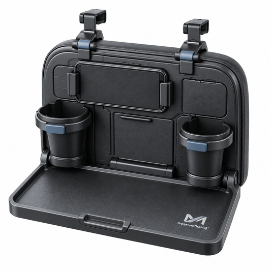 Marvelloxq™ Foldable Car Seat Back Tray | Headrest-Mounted Travel Table with Dual Cup Holders & Device Holder