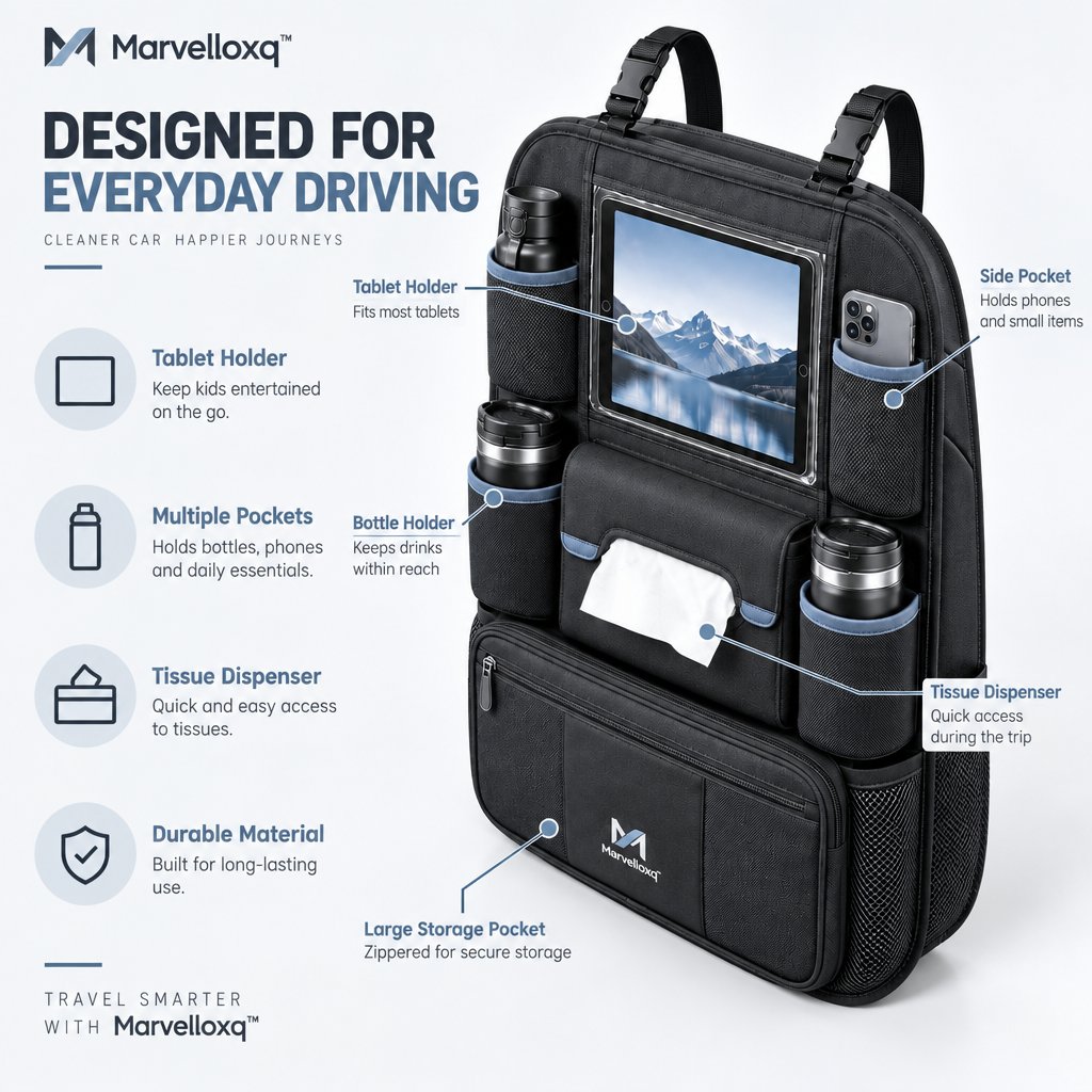 Marvelloxq™ Car Seat Back Organizer | Multi-Pocket Travel Storage Bag with Tablet Holder