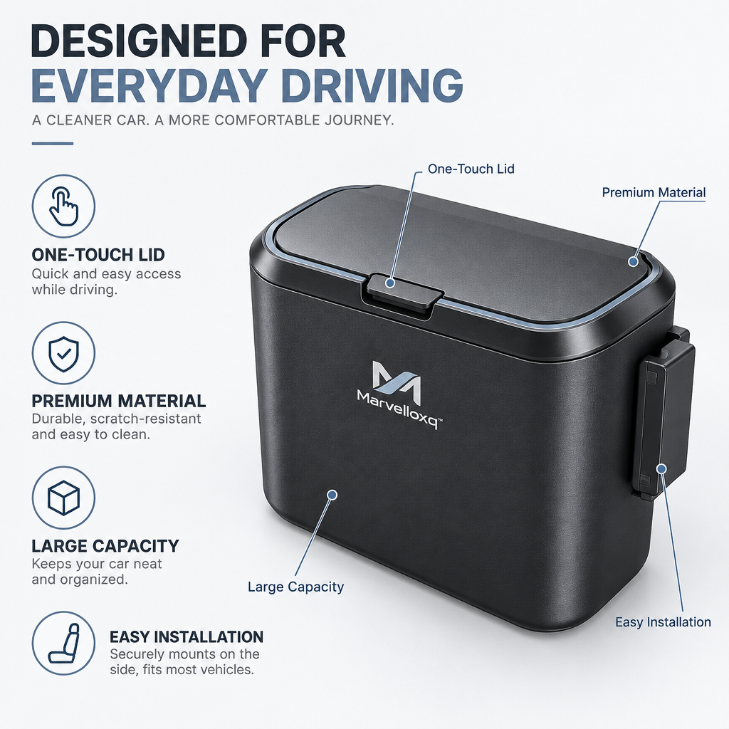 Marvelloxq™ Car Trash Can with One-Touch Lid | Large-Capacity Vehicle Garbage Bin & Interior Organizer
