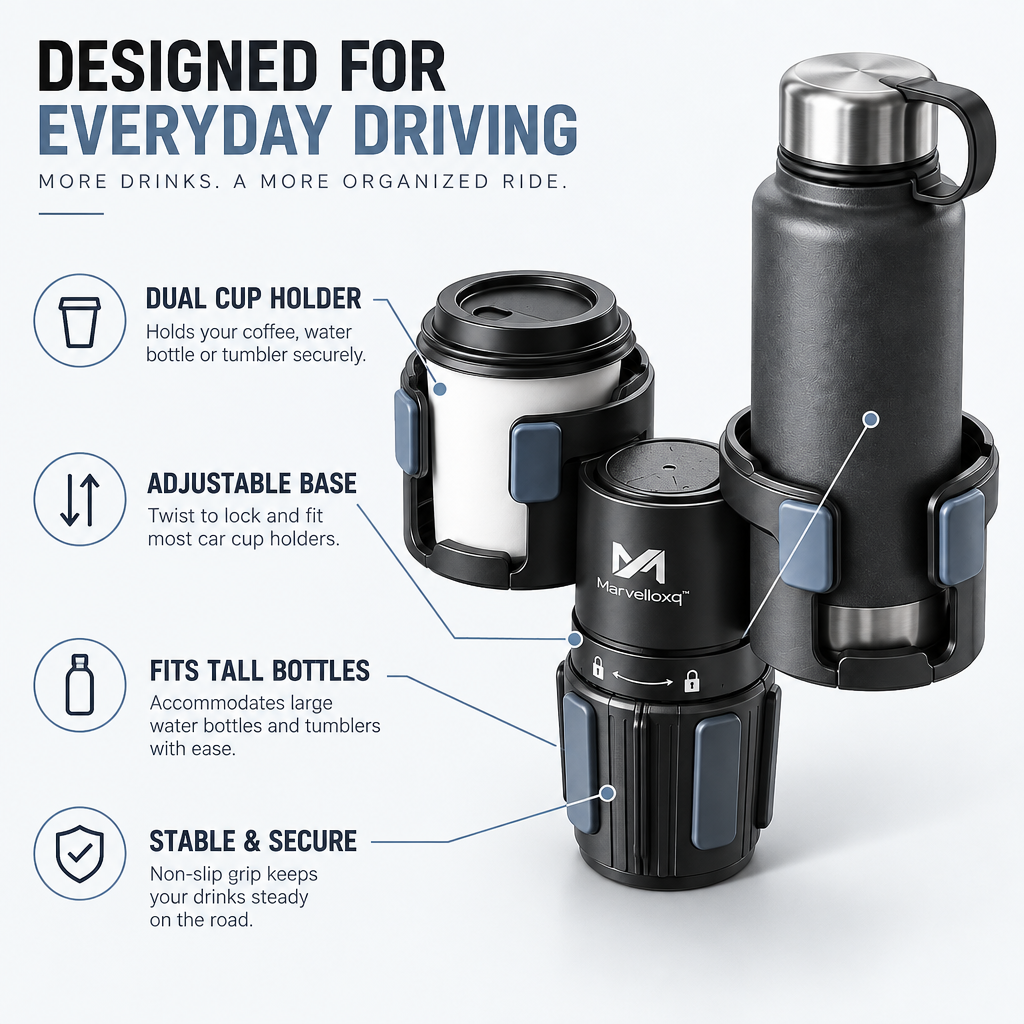 Marvelloxq™ Adjustable Dual Car Cup Holder | Expandable Vehicle Drink Organizer for Bottles, Tumblers & Coffee Cups