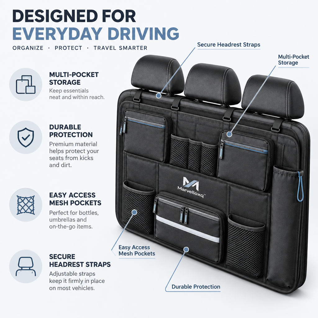 Marvelloxq™ Full-Width Car Backseat Organizer | Multi-Pocket Seat Protector with Mesh Storage & Adjustable Headrest Straps