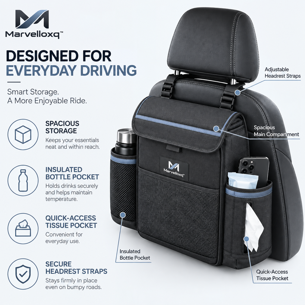 Marvelloxq™ Car Seat Back Organizer | Large-Capacity Multi-Pocket Storage Bag with Insulated Bottle Pocket