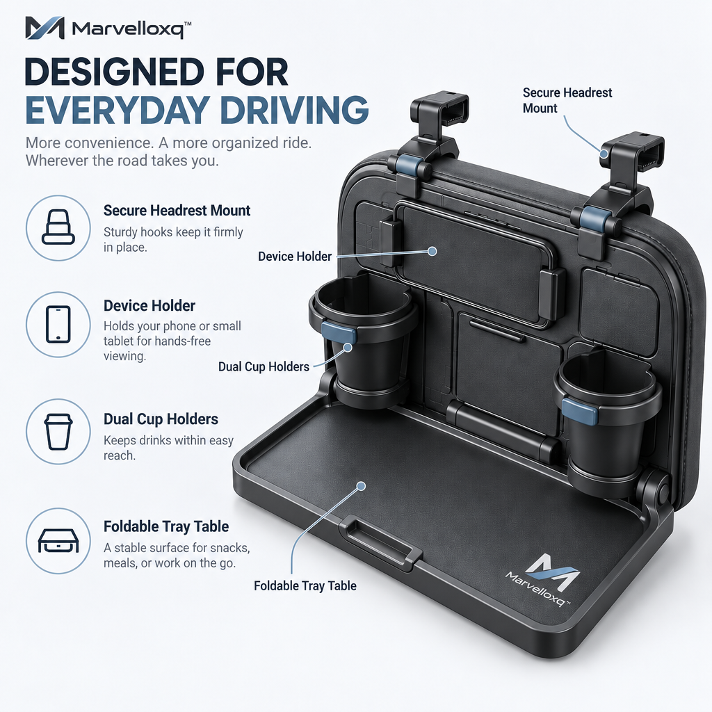 Marvelloxq™ Foldable Car Seat Back Tray | Headrest-Mounted Travel Table with Dual Cup Holders & Device Holder