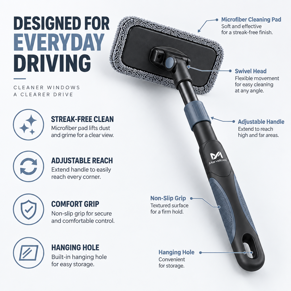 Marvelloxq™ Adjustable Car Window Cleaning Tool | Extendable Microfiber Windshield Cleaner with Swivel Head