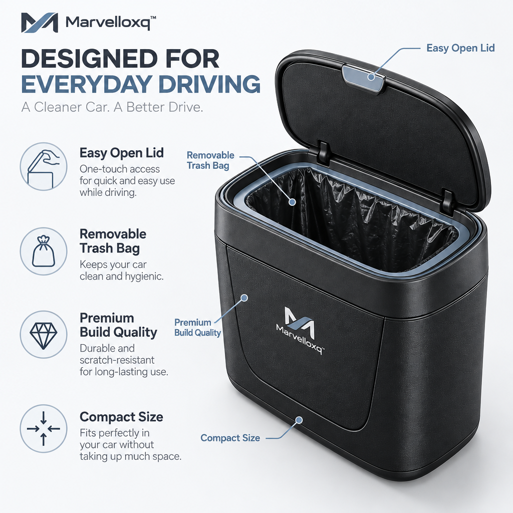 Marvelloxq™ Compact Car Trash Can | Easy-Open Vehicle Garbage Bin with Removable Liner
