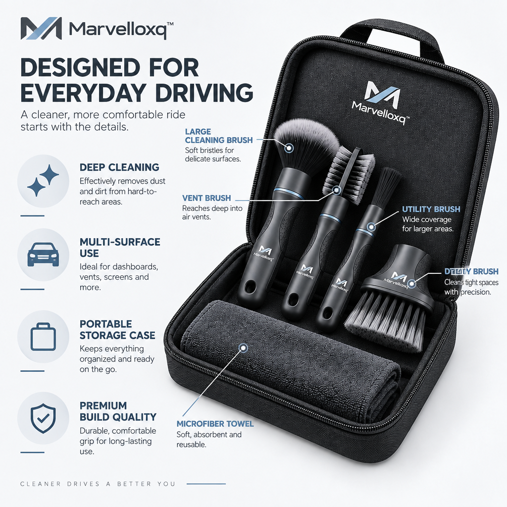 Marvelloxq™ Car Detailing Cleaning Brush Kit | Multi-Surface Interior Cleaning Set with Microfiber Towel & Storage Case