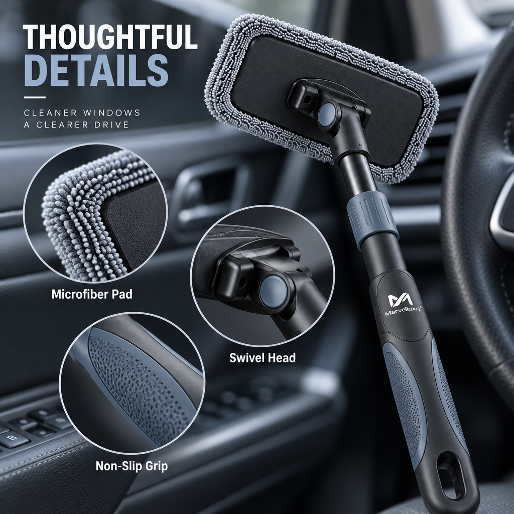 Marvelloxq™ Adjustable Car Window Cleaning Tool | Extendable Microfiber Windshield Cleaner with Swivel Head
