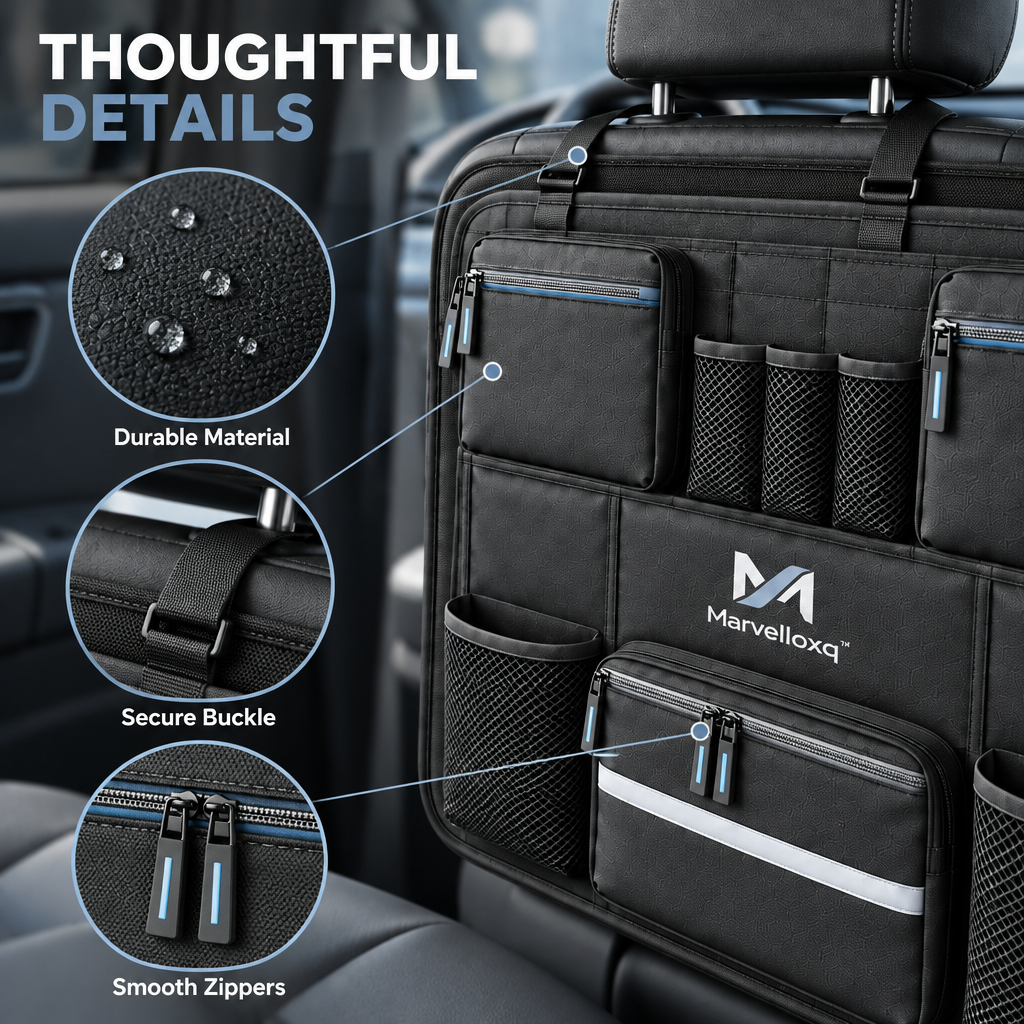 Marvelloxq™ Full-Width Car Backseat Organizer | Multi-Pocket Seat Protector with Mesh Storage & Adjustable Headrest Straps